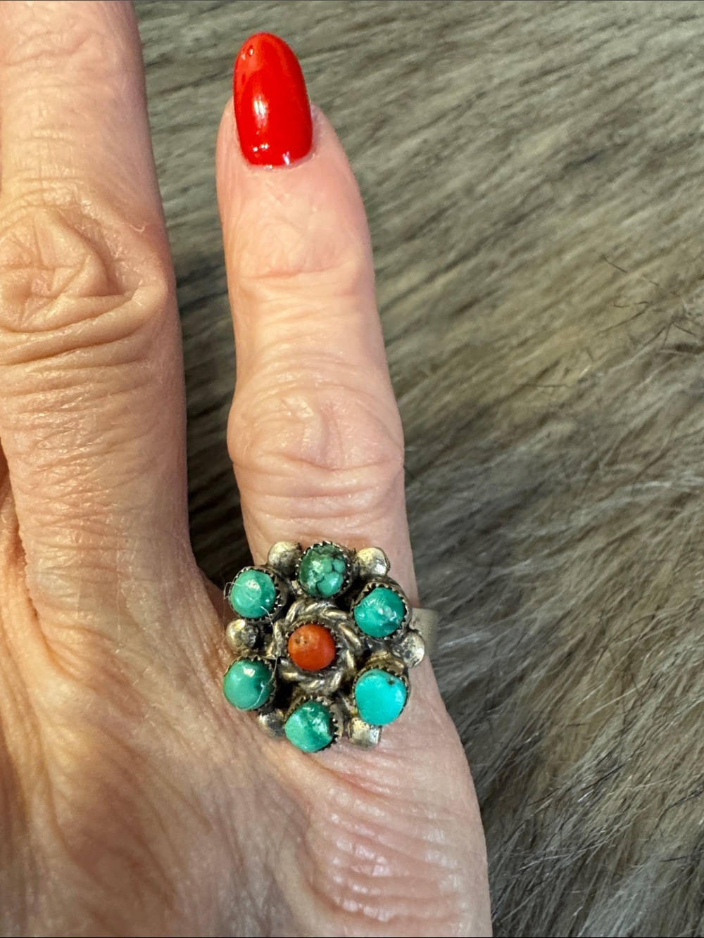 Vintage Turquoise and Coral Floral Cluster Ring - Women Jewelry